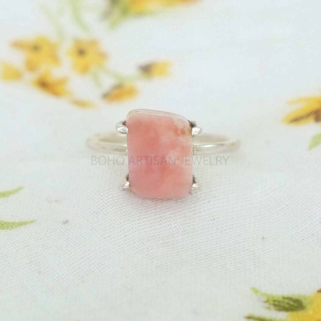 Handmade Pink Opal Sterling Silver Ring: Boho Minimalist Jewelry