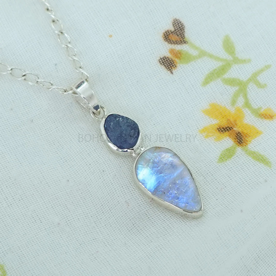 Raw Sapphire Moonstone Pendant: Sterling Silver Two Stone Necklace