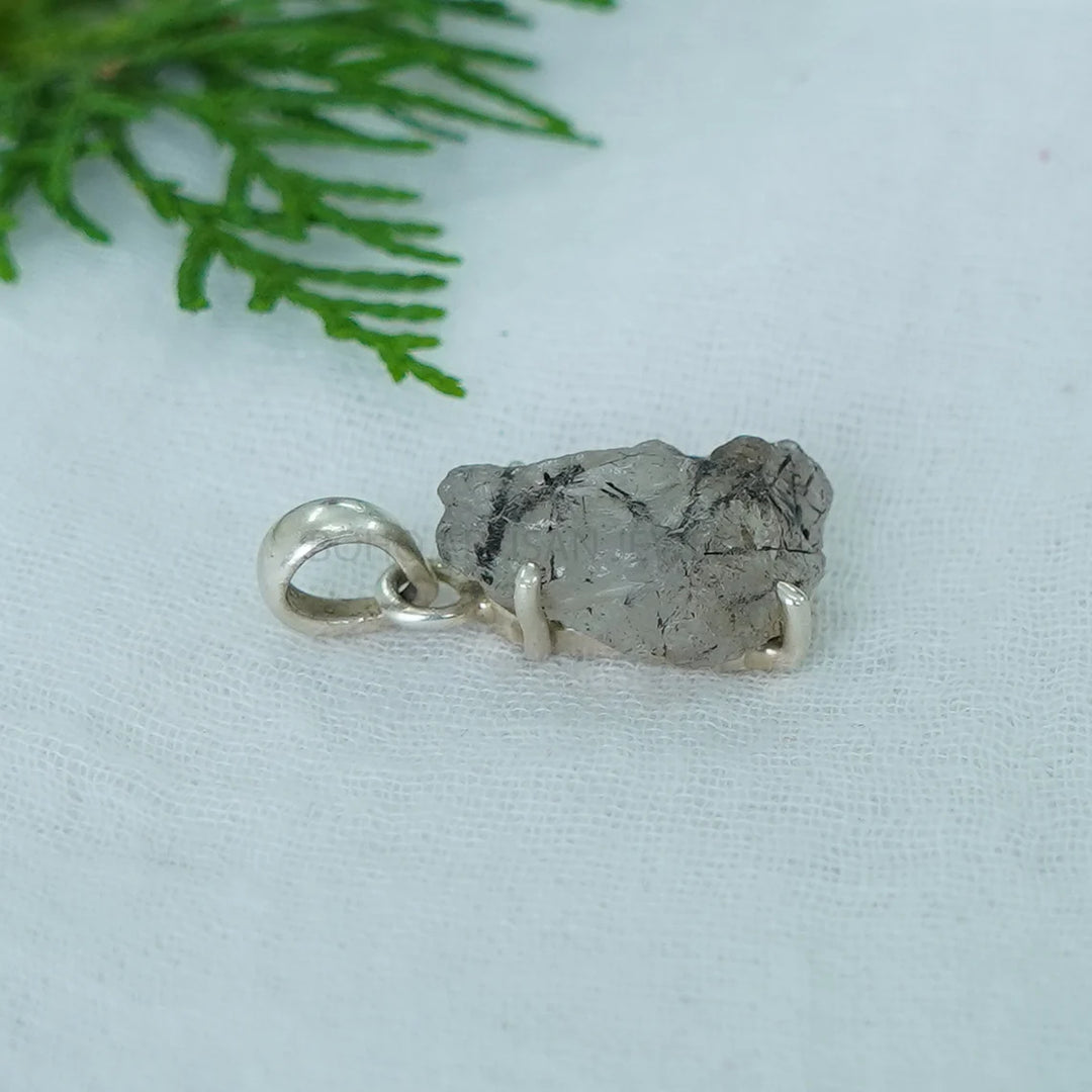 Raw Black Rutile Quartz Pendant: Sterling Silver Boho Artisan Jewelry