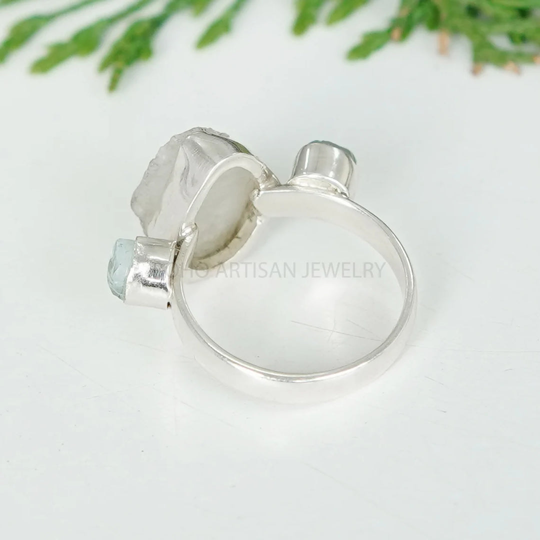 Raw Moonstone & Aquamarine Ring: Sterling Silver Boho Ring