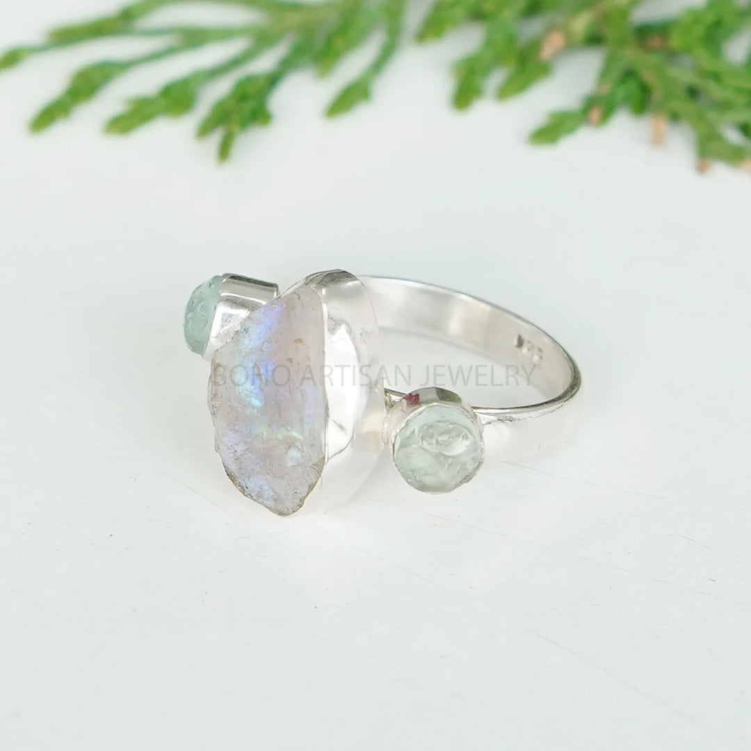 Raw Moonstone & Aquamarine Ring: Sterling Silver Boho Ring
