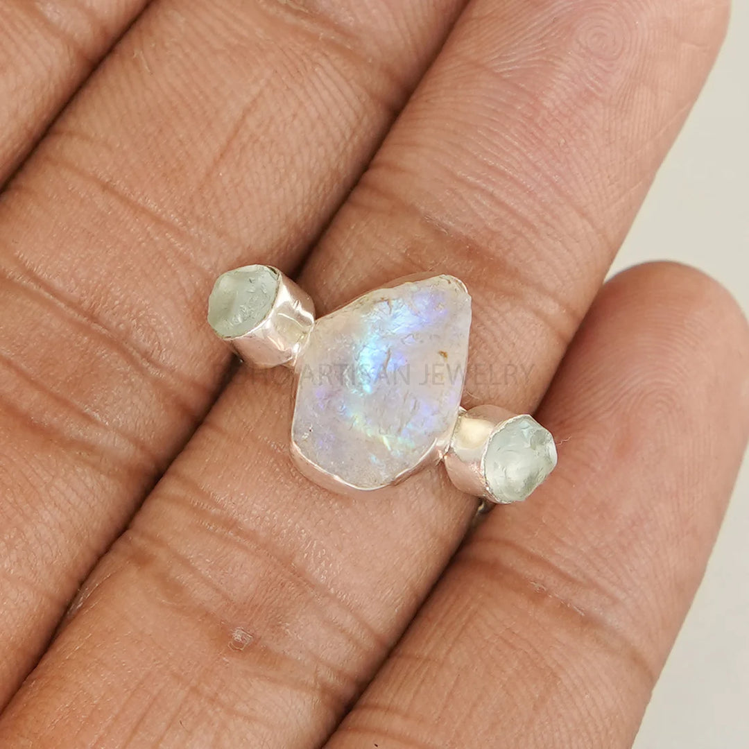 Raw Moonstone & Aquamarine Ring: Sterling Silver Boho Ring