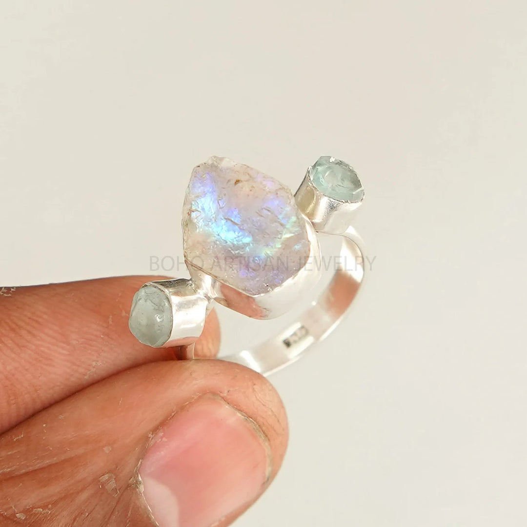 Raw Moonstone & Aquamarine Ring: Sterling Silver Boho Ring