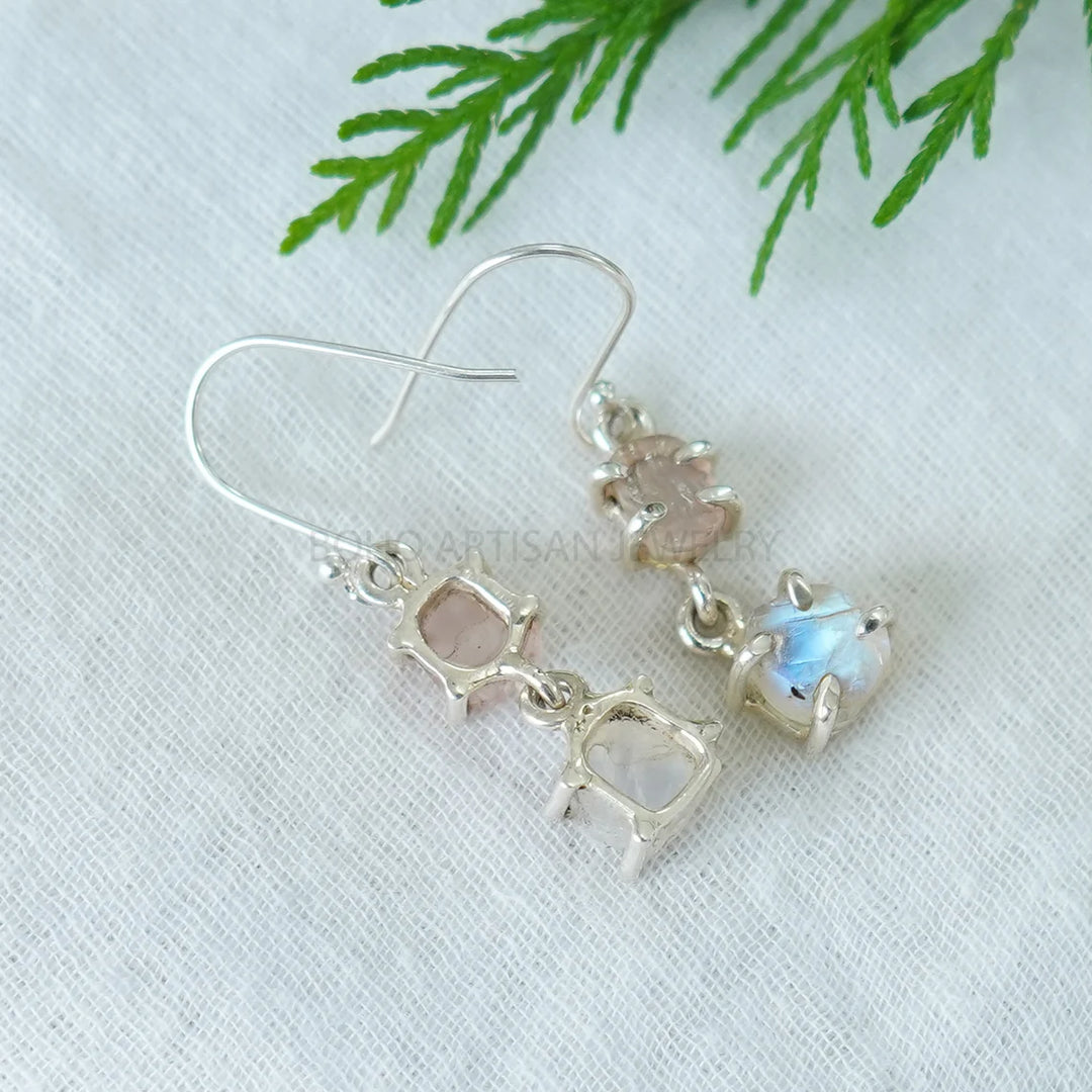 Raw Moonstone Rose Quartz Sterling Silver Dangle Earrings