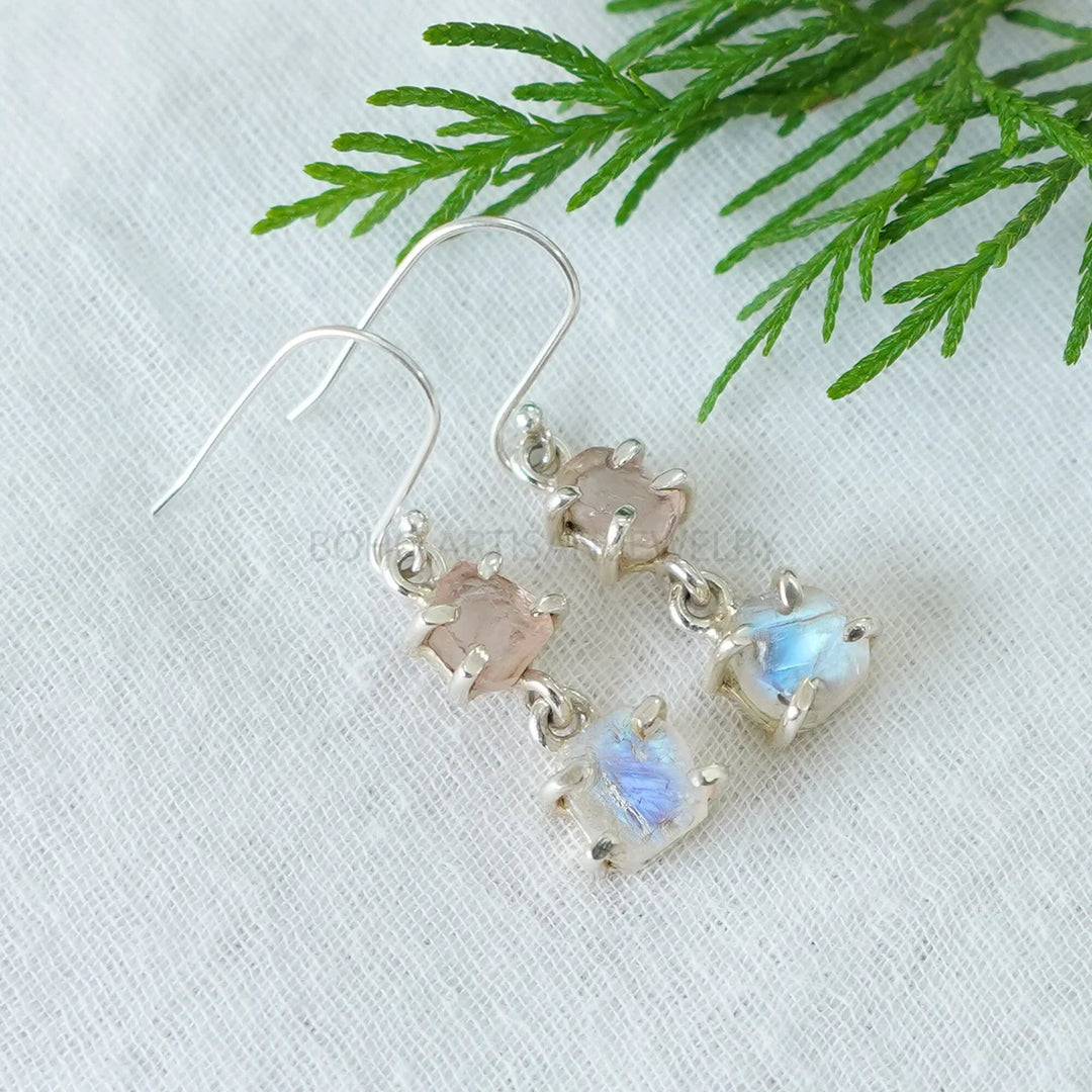 Raw Moonstone Rose Quartz Sterling Silver Dangle Earrings