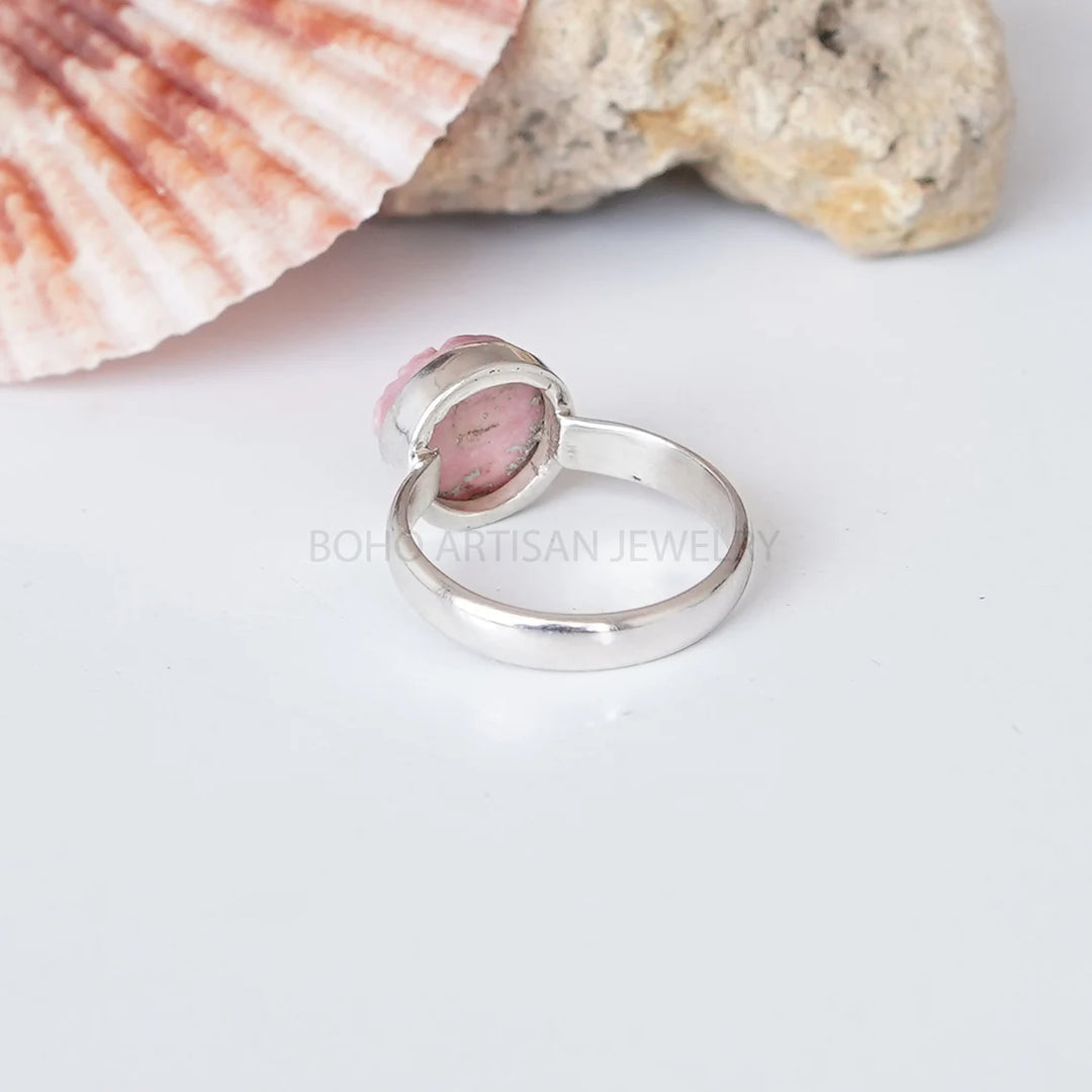 Handmade Pink Opal Engraving Ring: 925 Sterling Silver Boho Jewelry