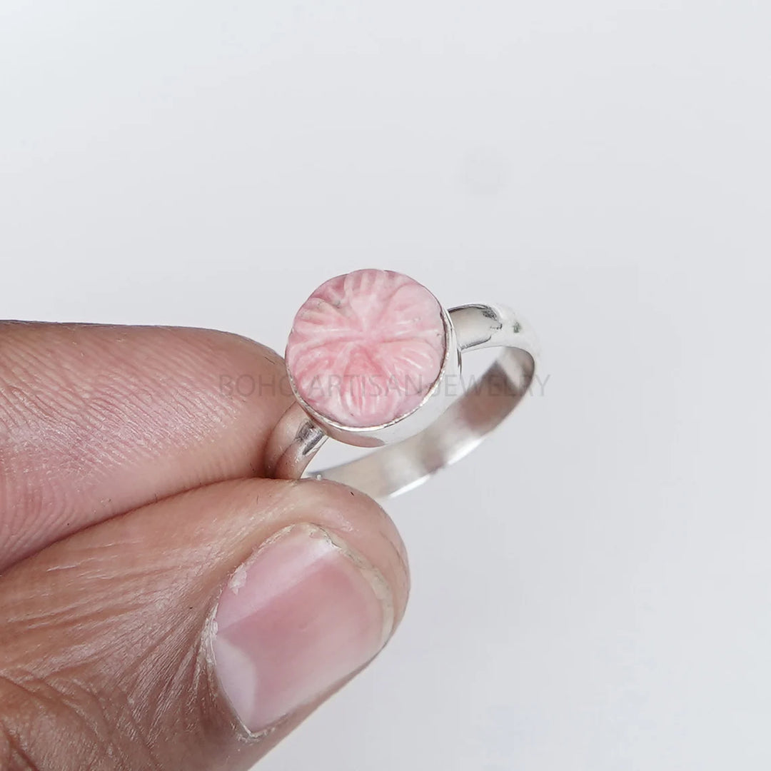 Handmade Pink Opal Engraving Ring: 925 Sterling Silver Boho Jewelry