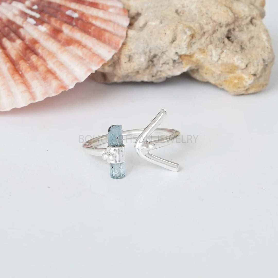 Raw Aquamarine Sterling Silver Ring: Adjustable Arrow Stick Design