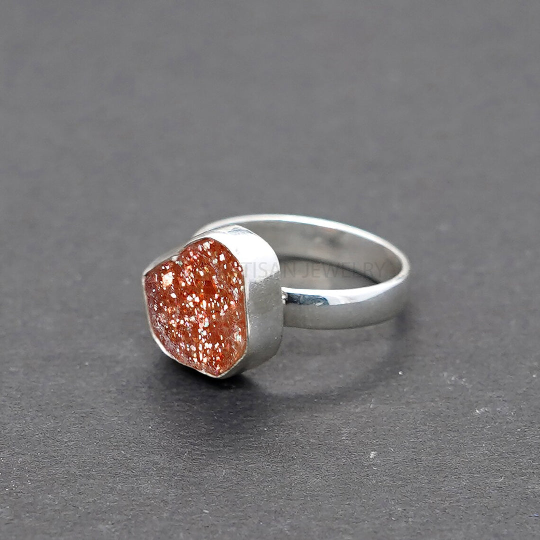 Raw Sunstone Ring: Orange Fire, Sterling Silver, Boho Jewelry