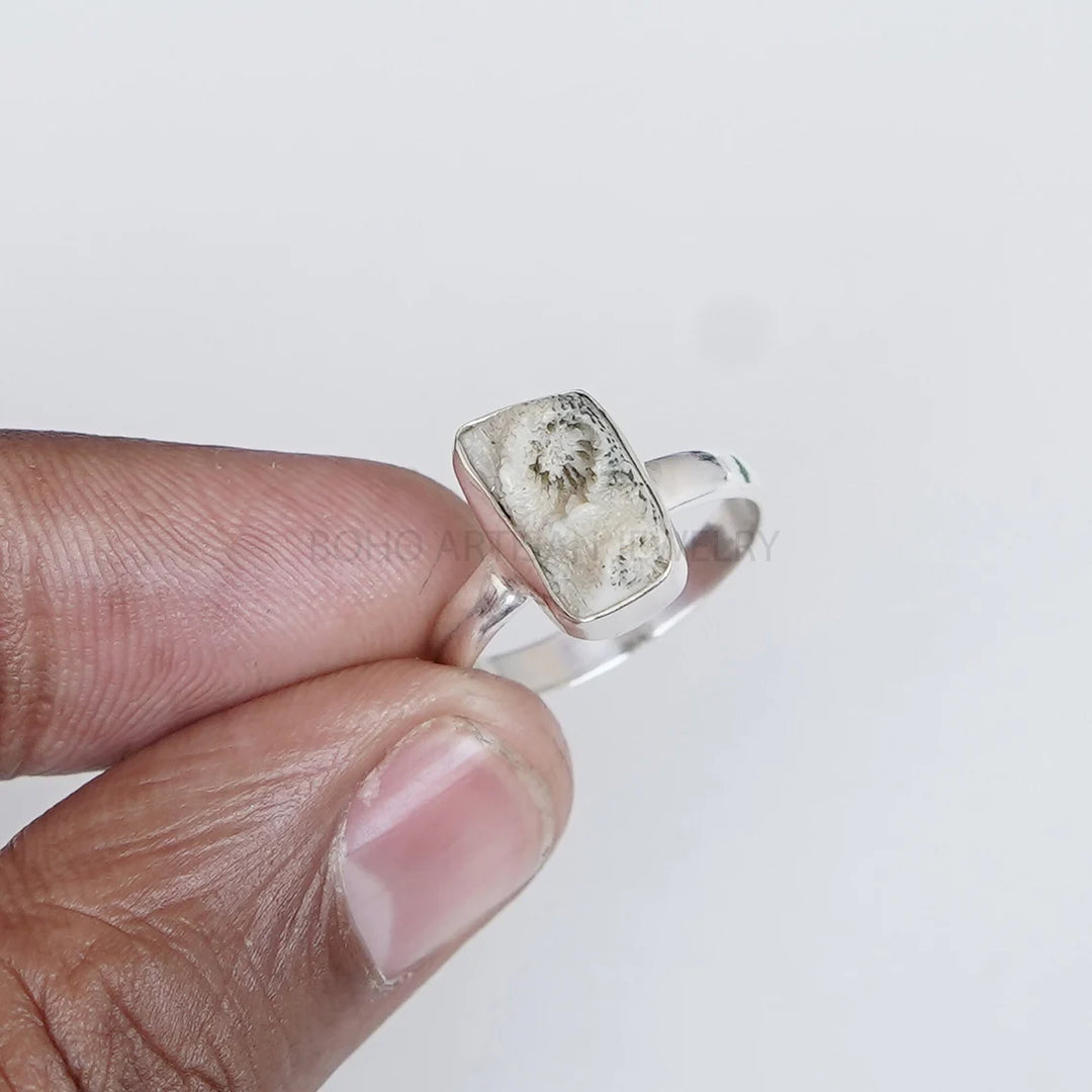Raw White Coral Ring: Sterling Silver Boho Jewelry