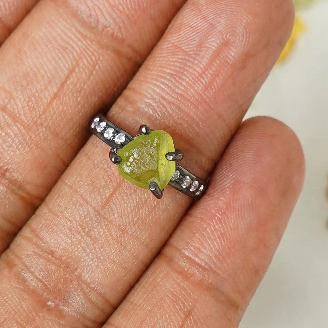 Raw Peridot Ring: Sterling Silver, Black Rhodium & CZ - August Birthstone