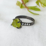 Raw Peridot Ring: Sterling Silver, Black Rhodium & CZ - August Birthstone