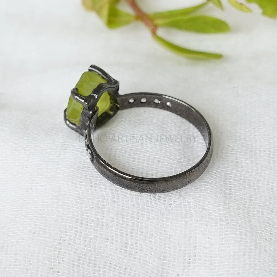 Raw Peridot Ring: Sterling Silver, Black Rhodium & CZ - August Birthstone