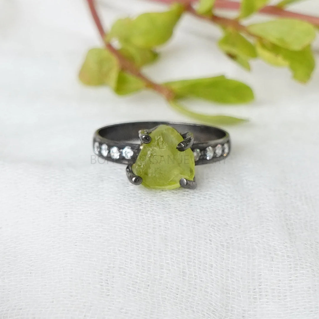 Raw Peridot Ring: Sterling Silver, Black Rhodium & CZ - August Birthstone