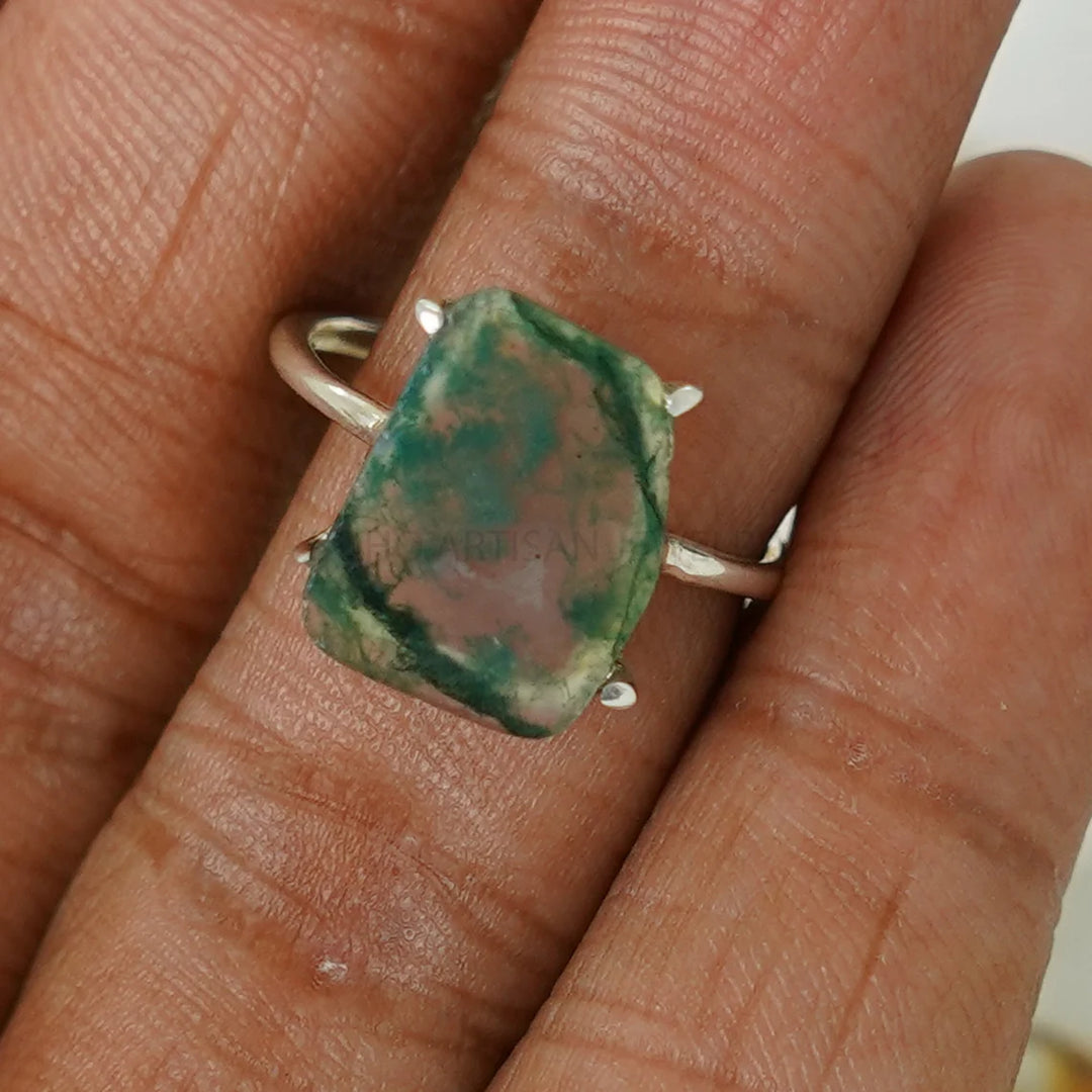 Moss Agate Ring: 925 Sterling Silver, Handmade Boho Jewelry