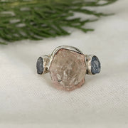 Raw Rose Quartz Sapphire Ring: Handmade Sterling Silver Boho Jewelry