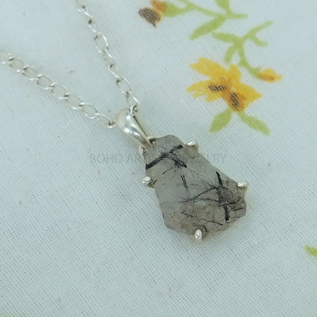 Raw Black Rutile Quartz Pendant: Sterling Silver Boho Artisan Jewelry