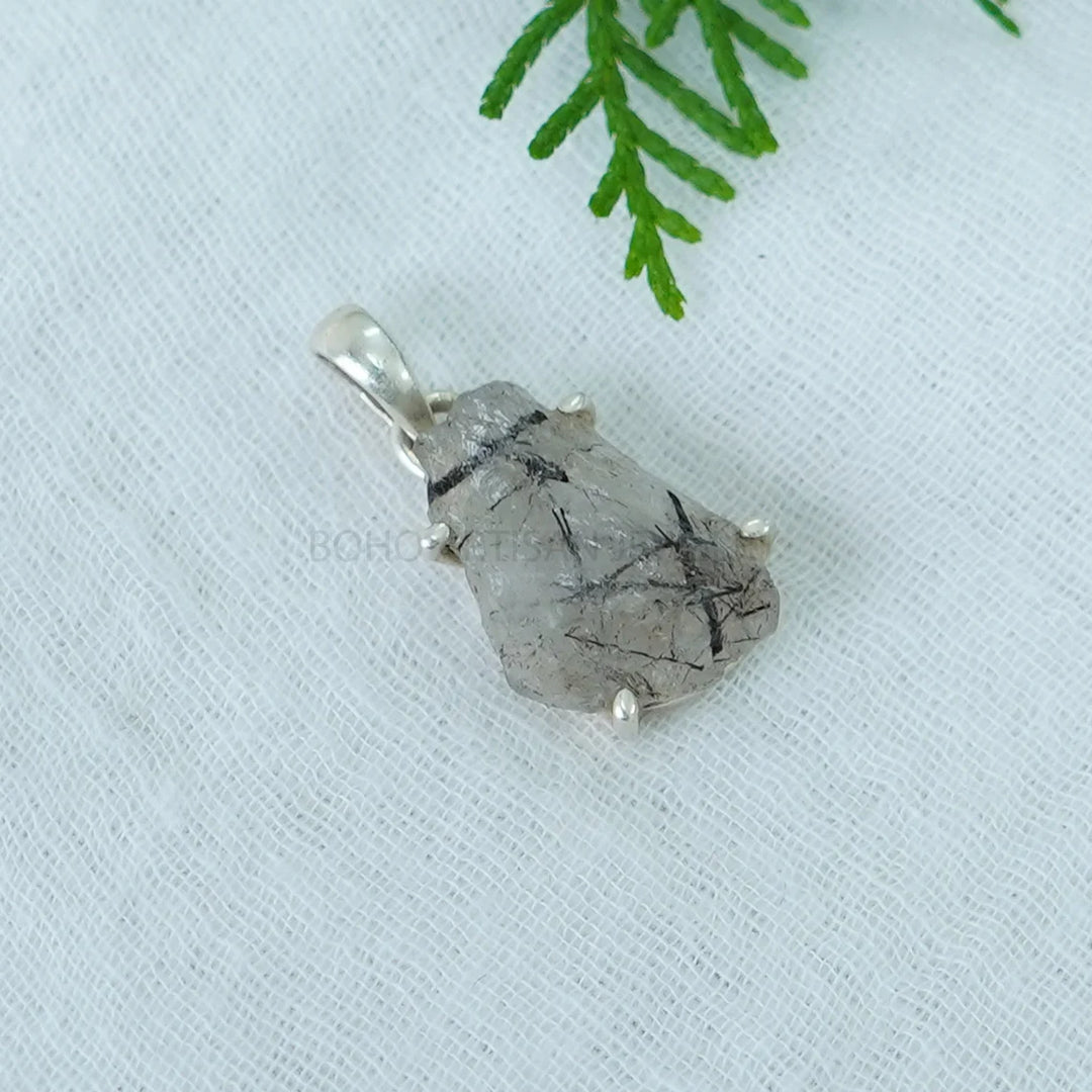 Raw Black Rutile Quartz Pendant: Sterling Silver Boho Artisan Jewelry