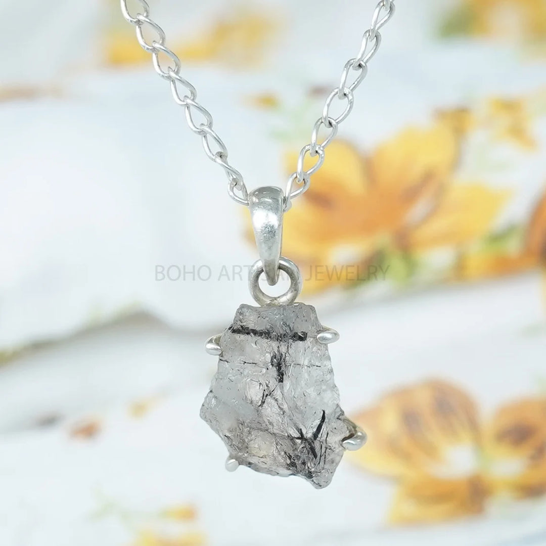 Raw Black Rutile Quartz Pendant: Sterling Silver Boho Artisan Jewelry