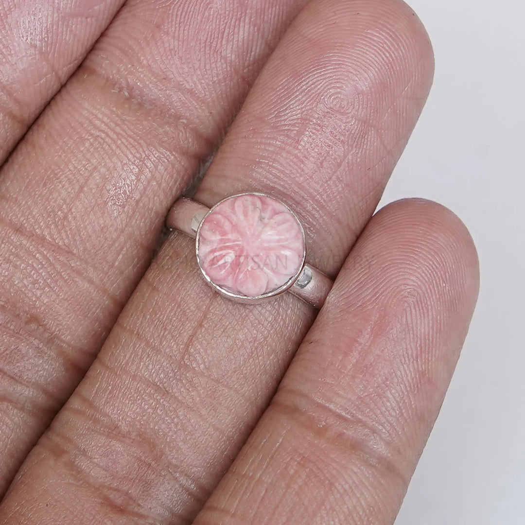 Handmade Pink Opal Engraving Ring: 925 Sterling Silver Boho Jewelry