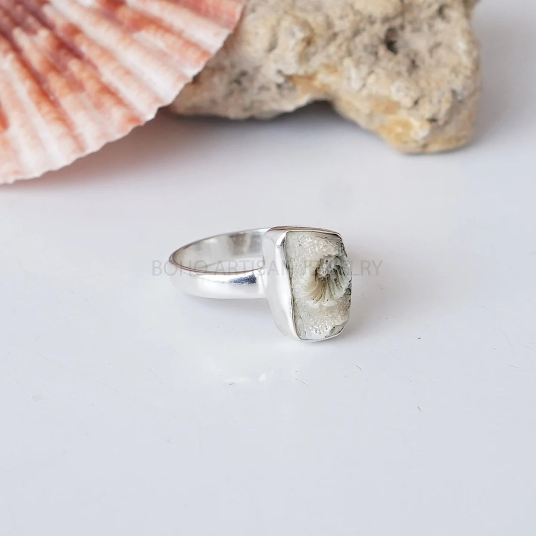 Raw White Coral Ring: Sterling Silver Boho Jewelry