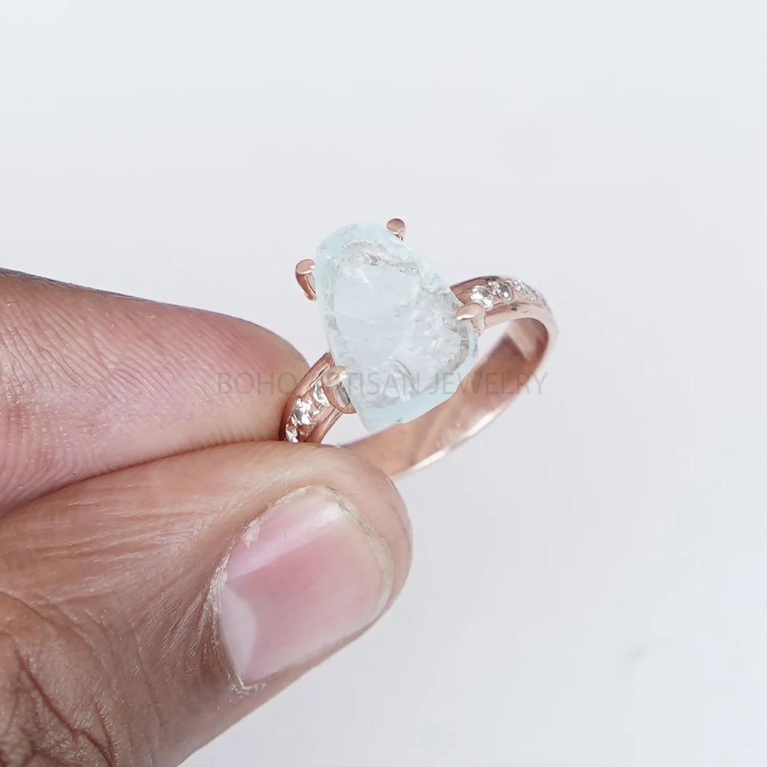 Raw Aquamarine CZ Ring: Sterling Silver Rose Gold Boho Jewelry