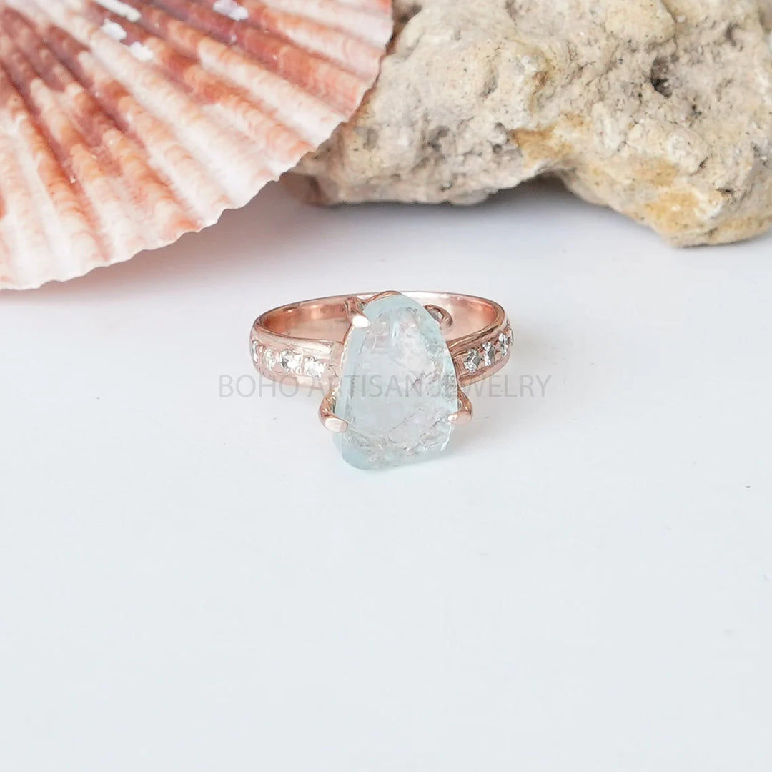 Raw Aquamarine CZ Ring: Sterling Silver Rose Gold Boho Jewelry
