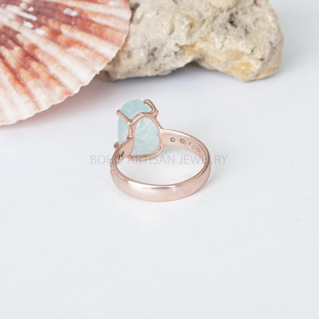 Raw Aquamarine CZ Ring: Sterling Silver Rose Gold Boho Jewelry