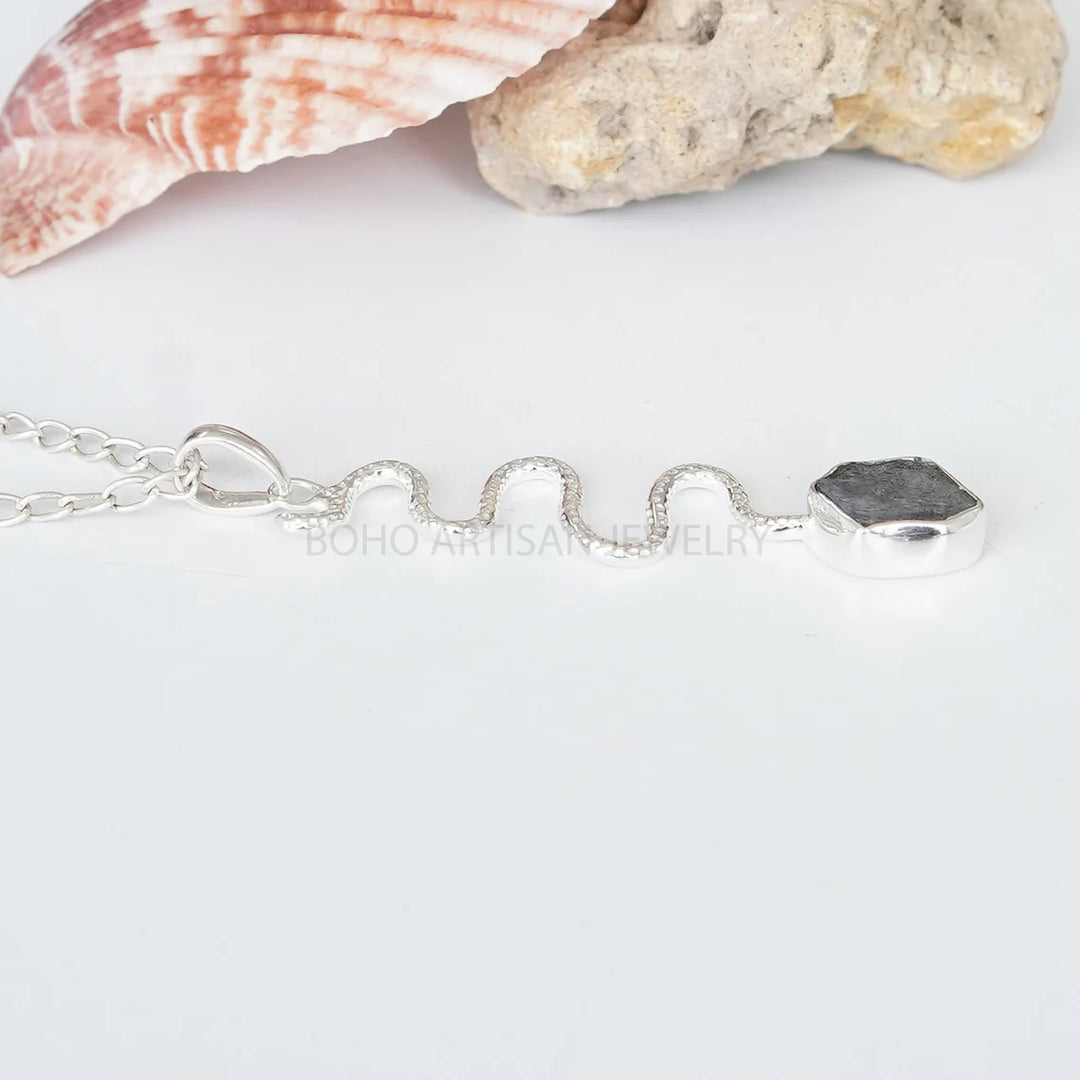 Raw Labradorite Snake Pendant: Sterling Silver Serpent Charm Necklace