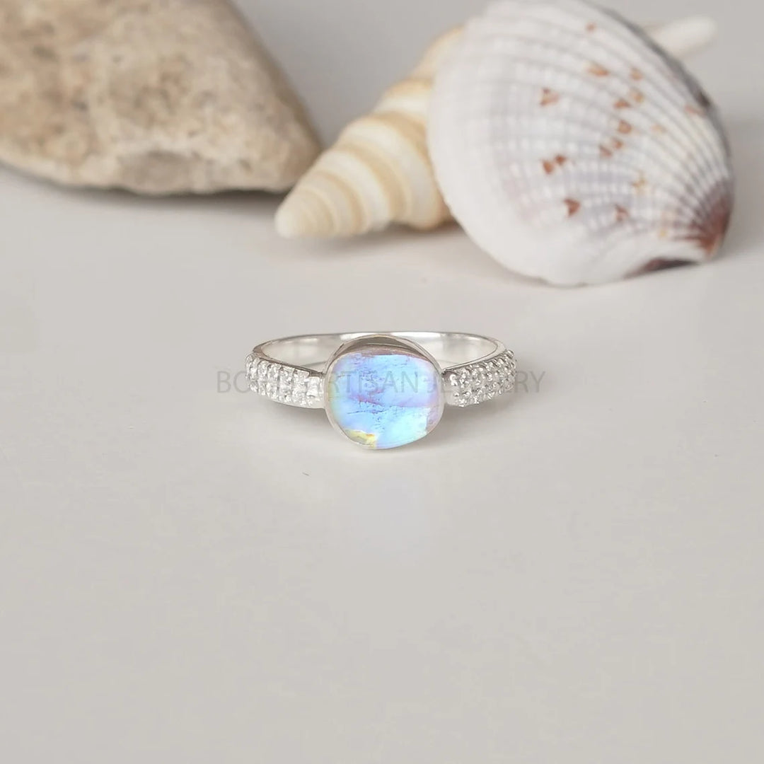 Raw Moonstone Ring: Sterling Silver CZ Stacking Band, July Birthstone