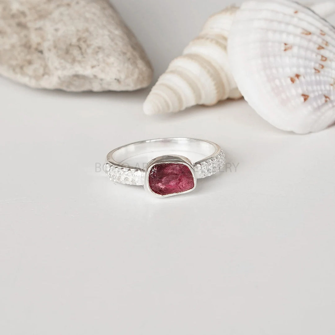 Raw Pink Tourmaline Ring: Sterling Silver Boho CZ Stacking Ring