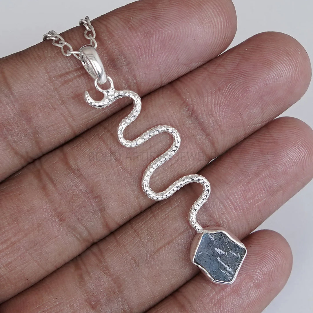 Raw Labradorite Snake Pendant: Sterling Silver Serpent Charm Necklace