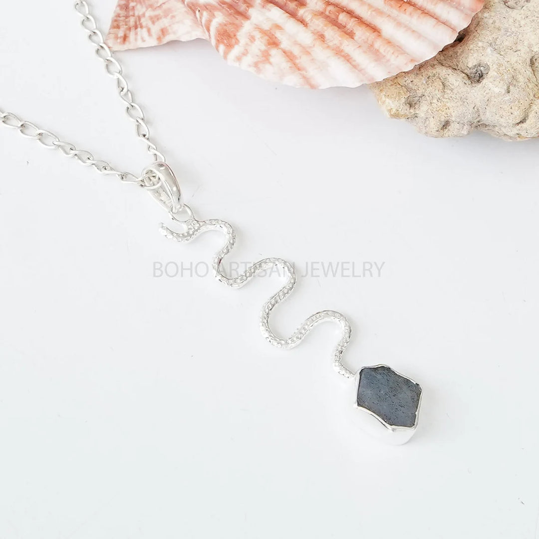 Raw Labradorite Snake Pendant: Sterling Silver Serpent Charm Necklace