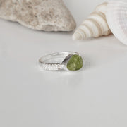 Raw Peridot Ring: Sterling Silver Dual CZ Boho Ring