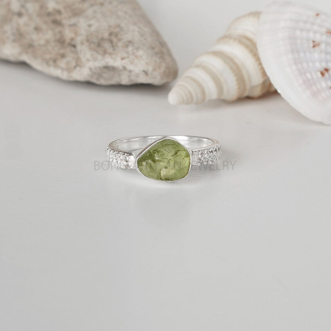 Raw Peridot Ring: Sterling Silver Dual CZ Boho Ring