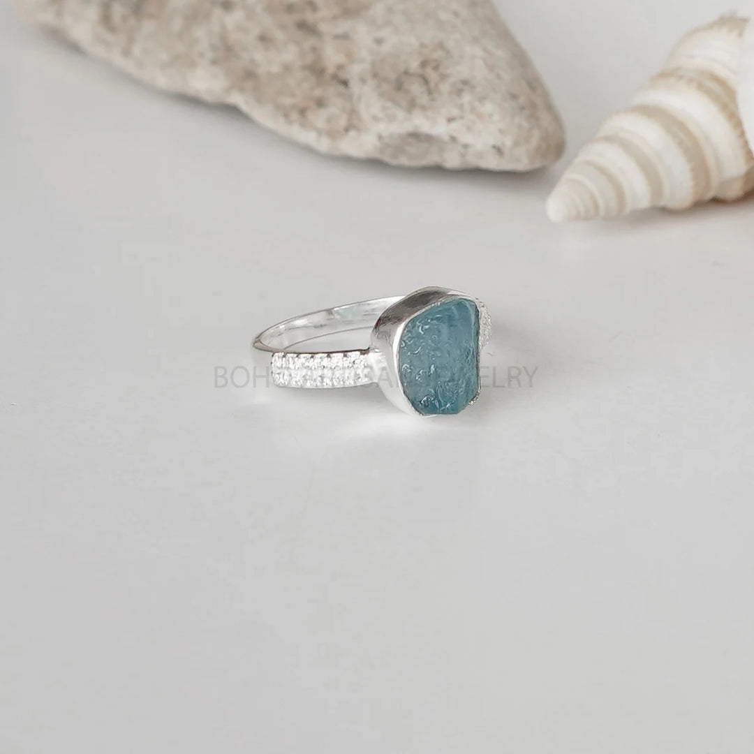 Raw Aquamarine Ring: Sterling Silver CZ Stacking Band, Boho Jewelry