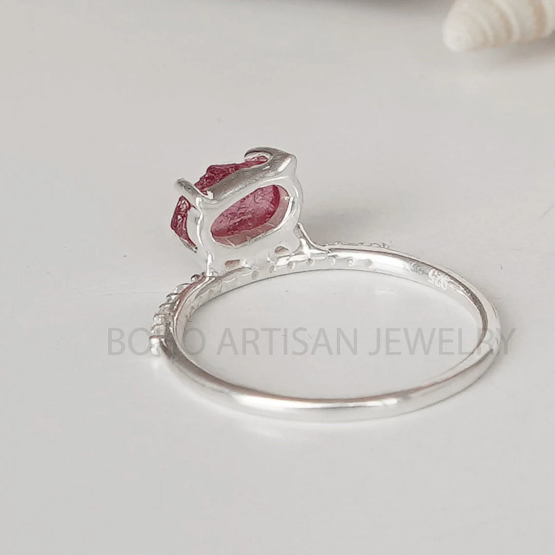 Raw Pink Tourmaline Ring: Sterling Silver Crystal Jewelry, October Birthstone