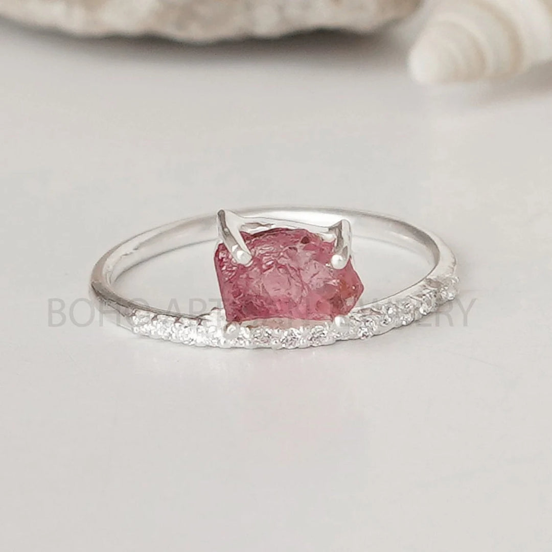 Raw Pink Tourmaline Ring: Sterling Silver Crystal Jewelry, October Birthstone