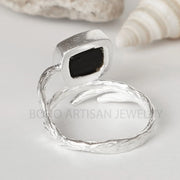 Raw Black Tourmaline Ring: Sterling Silver Branch Band, October Birthstone