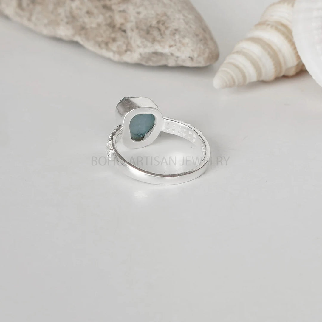 Raw Aquamarine Ring: Sterling Silver CZ Stacking Band, Boho Jewelry
