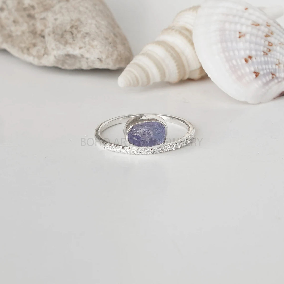 Raw Tanzanite Ring: Dainty Sterling Silver Band, December Birthstone