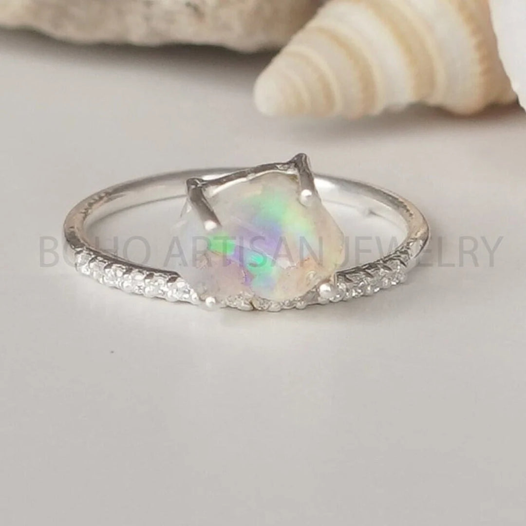 Raw Ethiopian Opal Ring: Sterling Silver CZ Band, October Birthstone