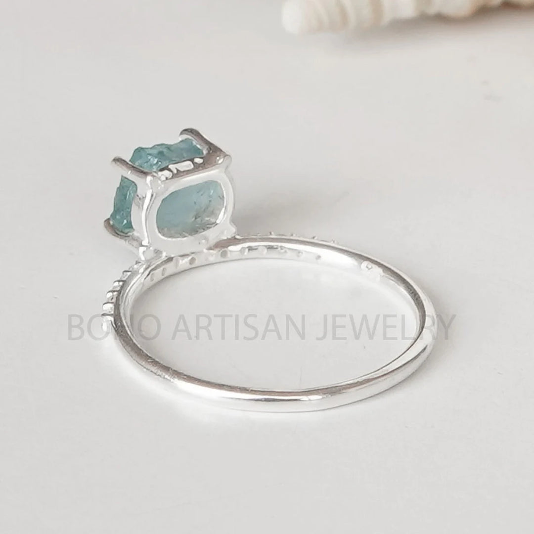 Raw Aquamarine Ring: Sterling Silver CZ Band, March Birthstone