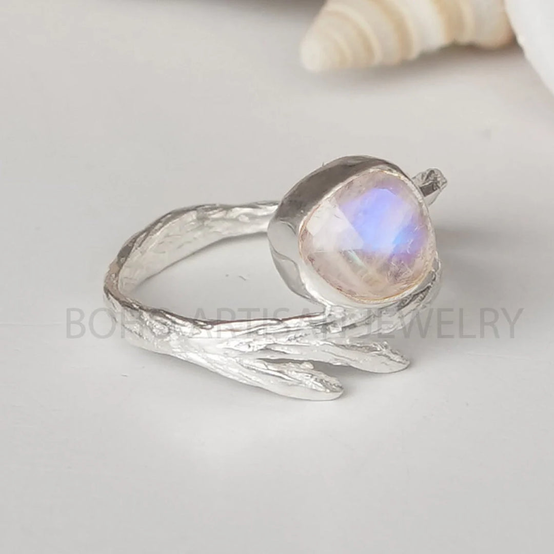 Rose Cut Moonstone Ring: Sterling Silver Branch Band, Boho Jewelry