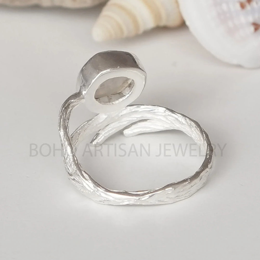 Rose Cut Moonstone Ring: Sterling Silver Branch Band, Boho Jewelry