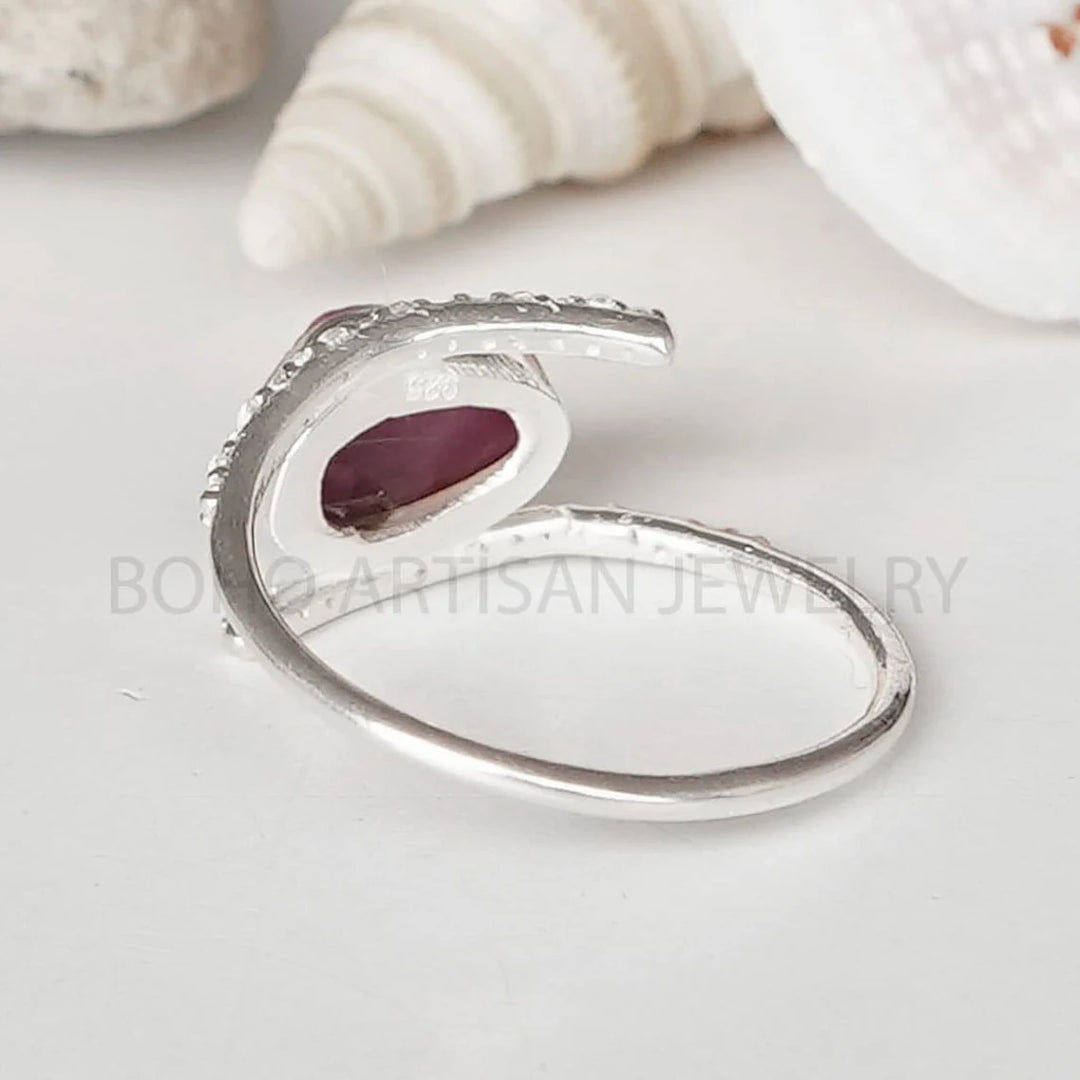 Raw Ruby Sterling Silver Ring: Evil Eye CZ, July Birthstone
