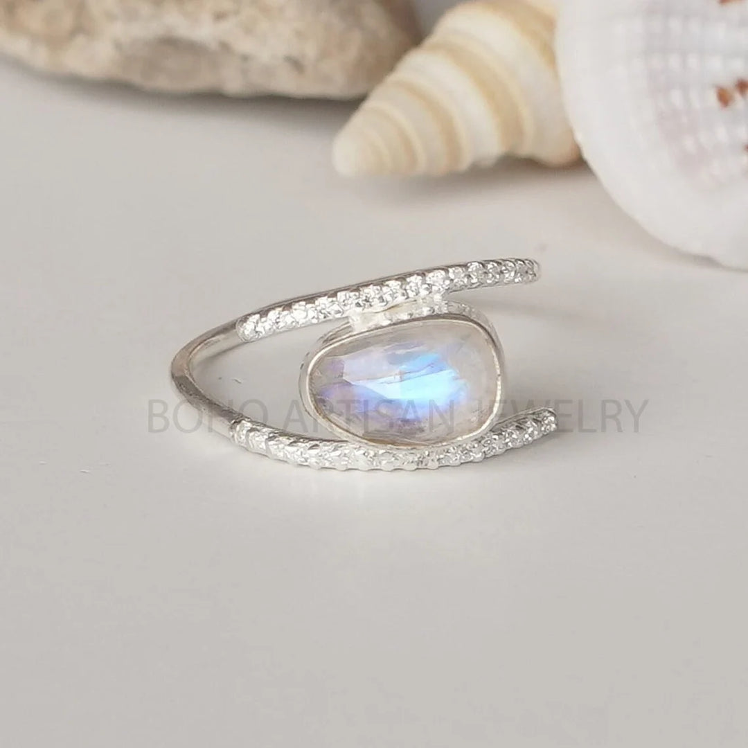 Raw Moonstone Evil Eye Ring: Sterling Silver CZ Boho Jewelry