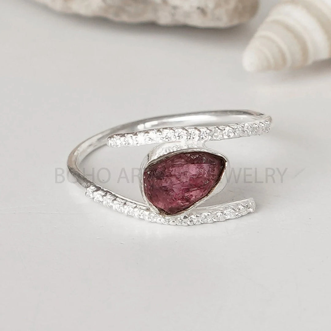 Raw Pink Tourmaline Ring: Sterling Silver Stacking Ring, October Birthstone