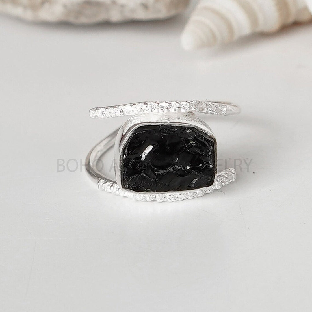 Raw Black Tourmaline Ring: Sterling Silver Boho Stacking Jewelry