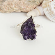 Raw Amethyst Geode Ring: Sterling Silver 925, Handmade Boho Jewelry